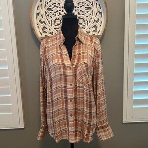 Free People Joplin Plaid Flannel Button Down Shirt Women’s SZ SP Brown Casual